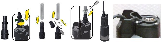 Схема подсоединения штуцера и напорного шланга (трубы) к насосы Дивертрон